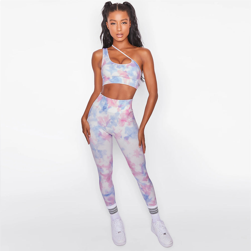 Slanted shoulder digital printing yoga suit