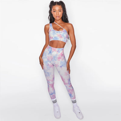 Slanted shoulder digital printing yoga suit